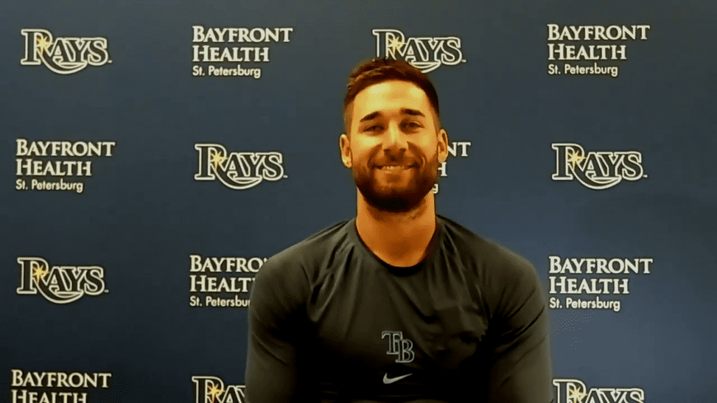 Rays outfielder Kevin Kiermaier grins as he returns from paternity leave