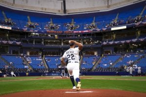 Chris Archer throwing warmup pitches at Tropicana Field