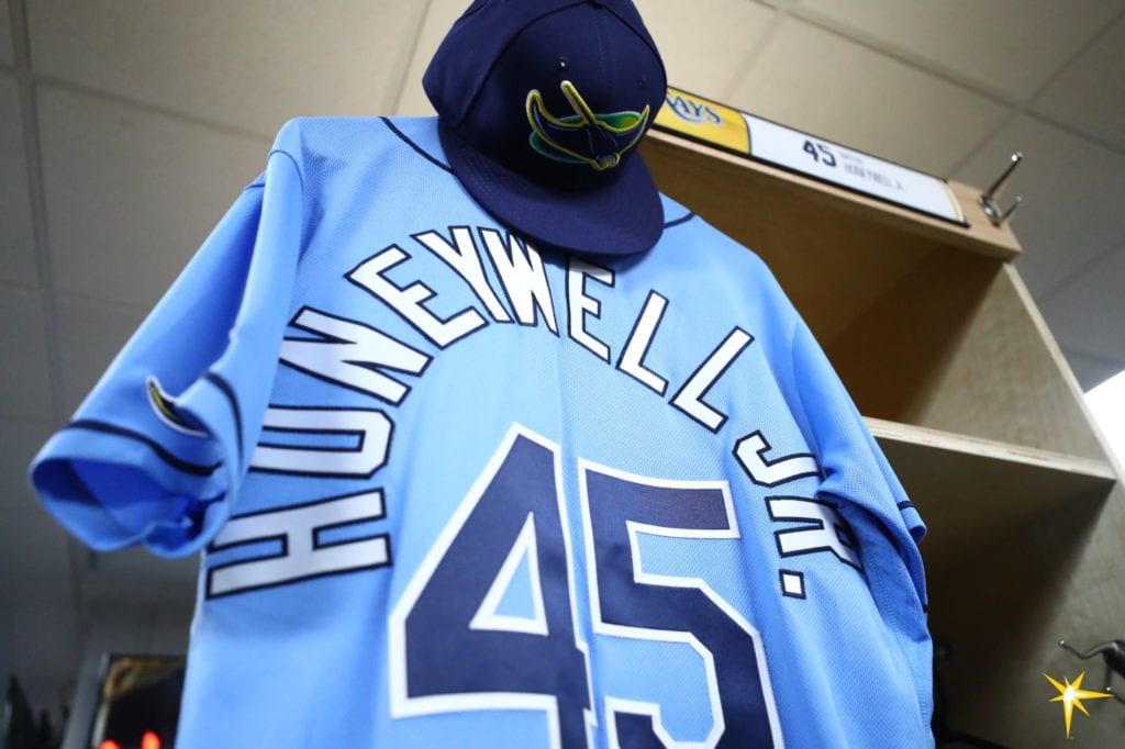 Brent Honeywell's jersey hanging in his locker before his MLB debut