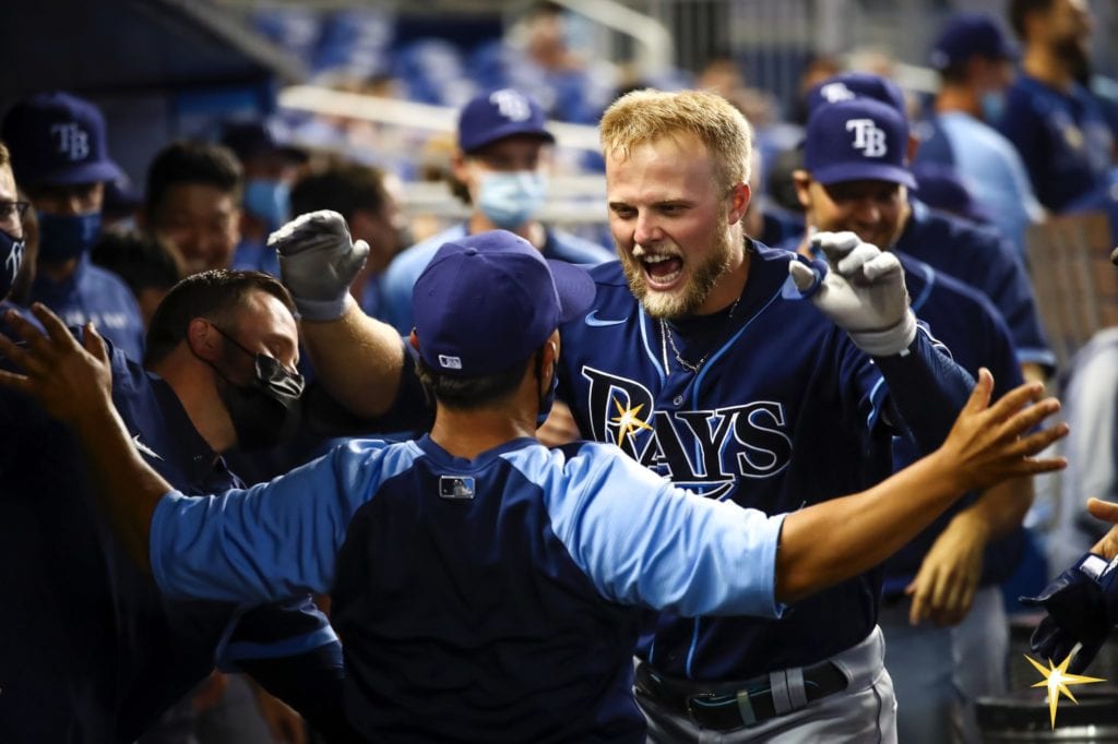 Austin Meadows celebrates after hitting his first home run of the 2021 season
